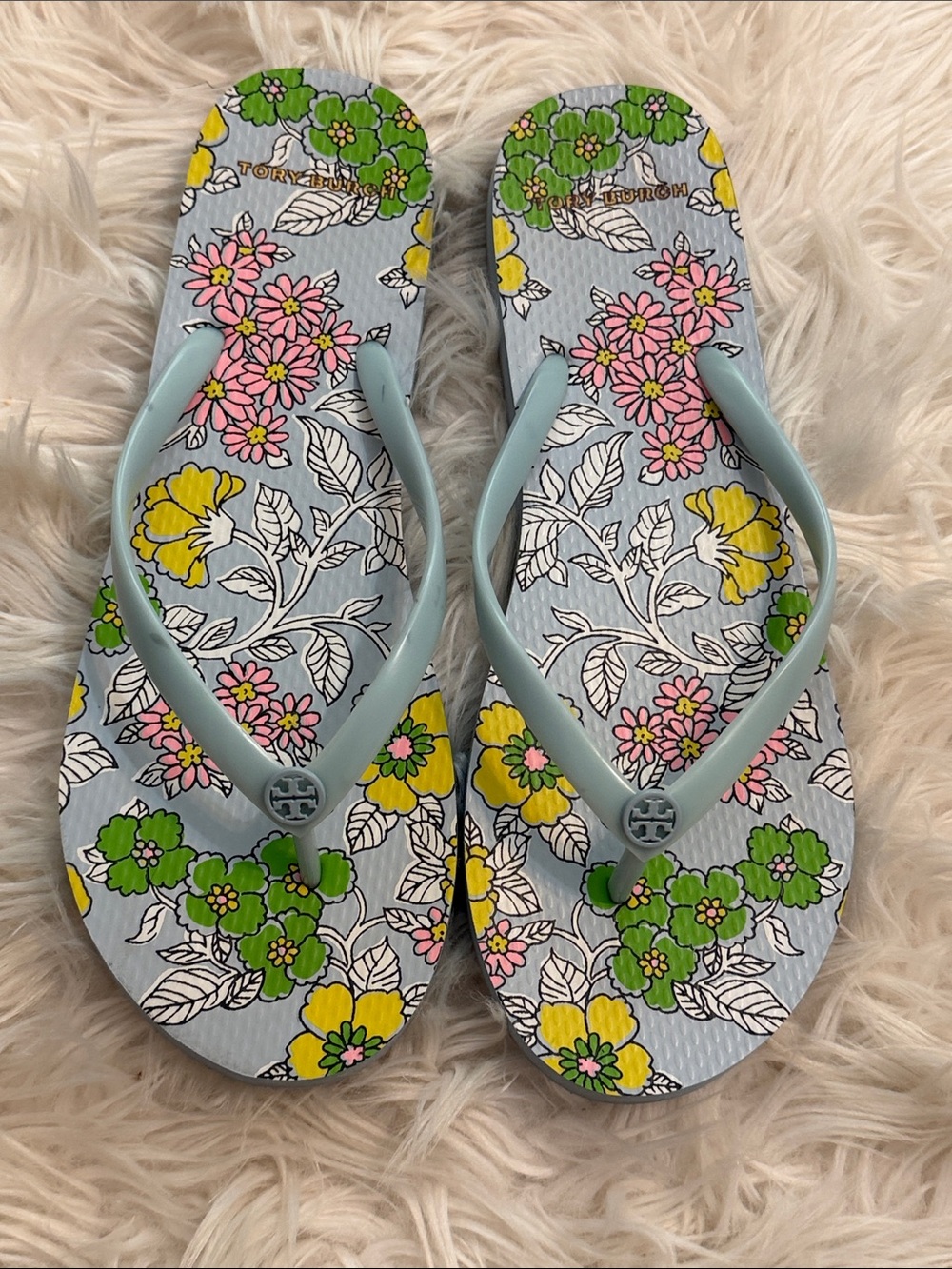 Tory Burch Pale Blue Floral Flip Flops Sz 10